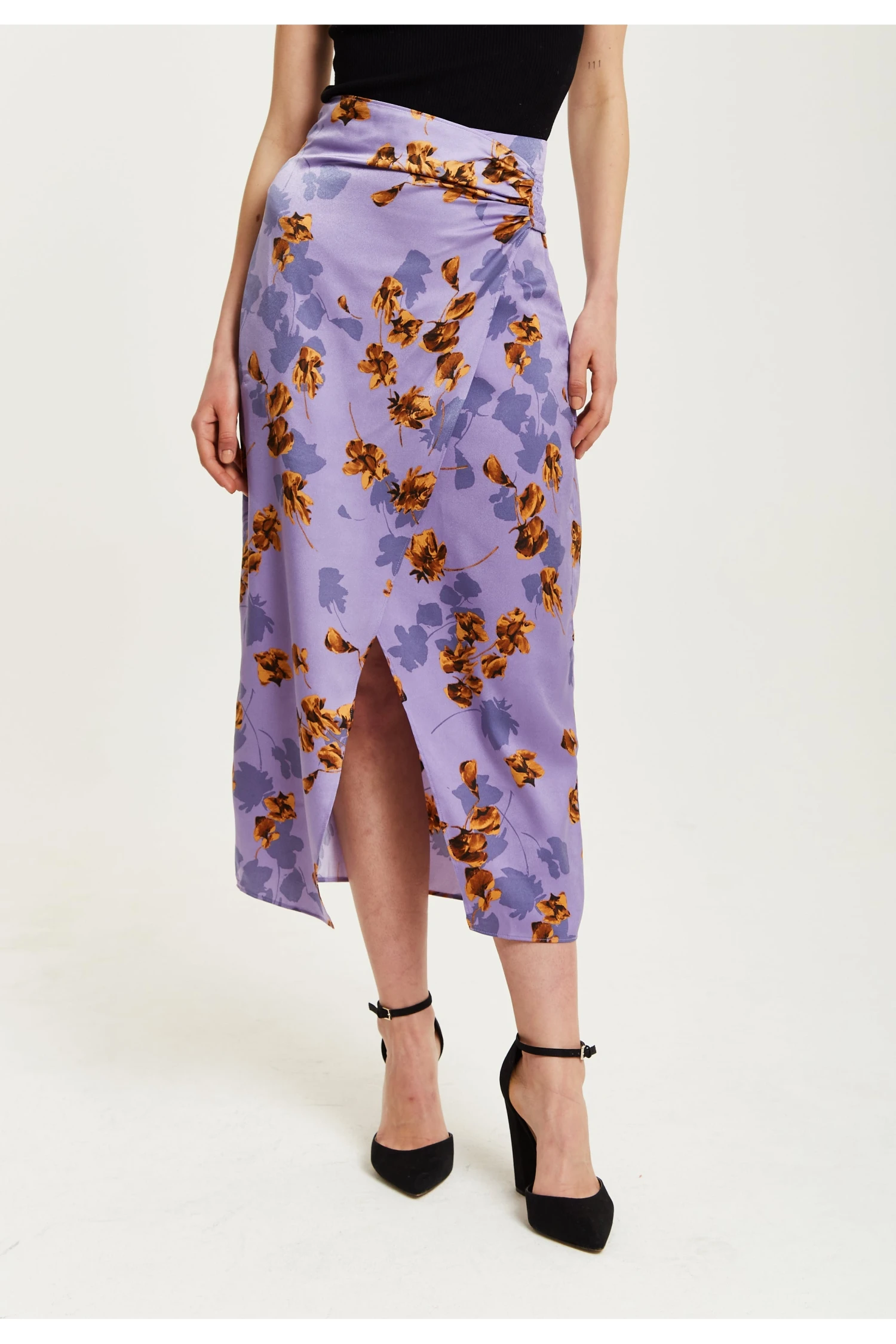 Liquorish Purple Floral Midi Skirt With Ruching Detail 4 Liquorish Purple Floral Midi Skirt With Ruching Detail - Image 2