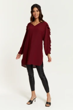 Hoxton Gal Oversized V Neck Ruffle Sleeves Tunic In Burgundy -Liquorish || Yumi Shop Q2vbA6K0 13244