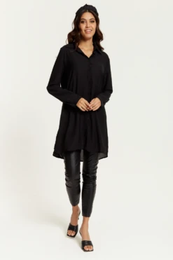 Hoxton Gal Oversized Shirt Tunic With Long Sleeves In Black