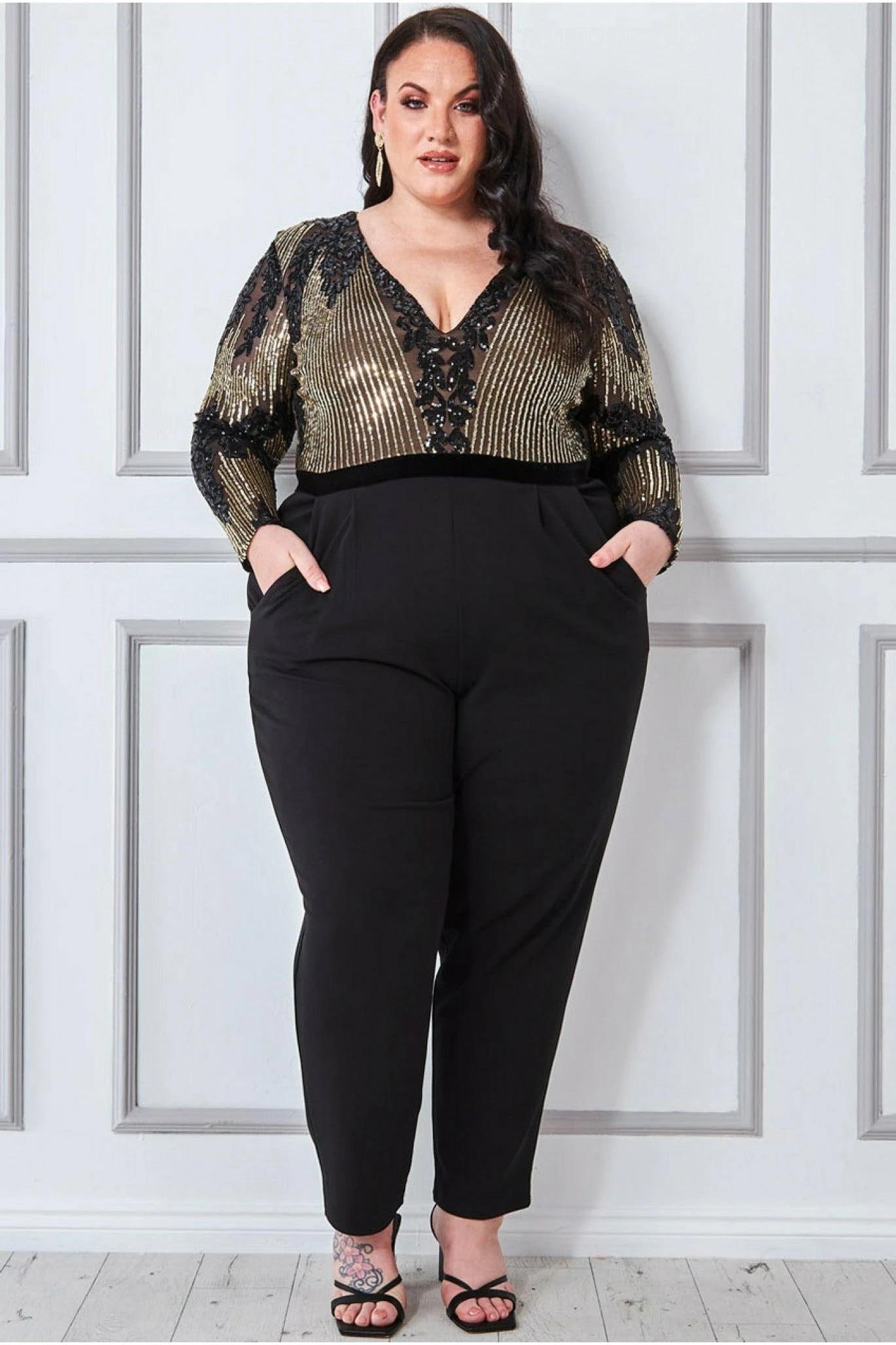 Goddiva Plus Sequin & Mesh Jumpsuit - Black 3 Goddiva Plus Sequin & Mesh Jumpsuit - Black