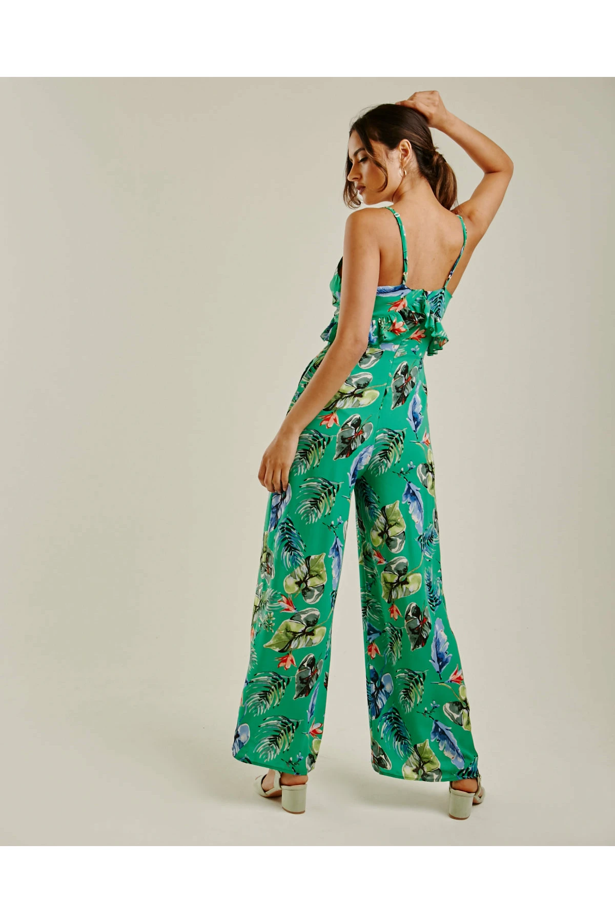 Dusty Pink Tropical Print Ruffled Jumpsuit | Green 5 Dusty Pink Tropical Print Ruffled Jumpsuit | Green - Image 4