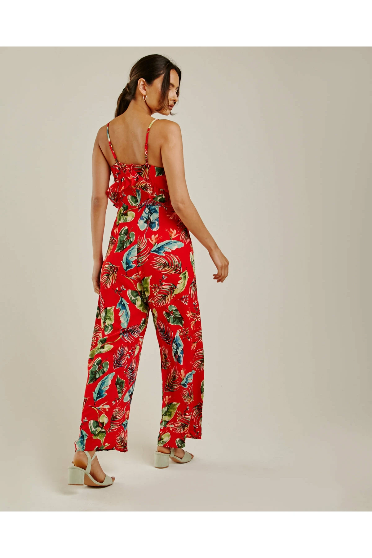 Dusty Pink Tropical Print Ruffled Jumpsuit | Red 6 Dusty Pink Tropical Print Ruffled Jumpsuit | Red - Image 4