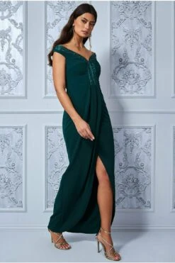 Goddiva Off The Shoulder Tulip Maxi Dress - Emerald Green -Liquorish || Yumi Shop RvXgUMlw 6161