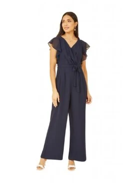 Yumi Navy Wrap Jumpsuit With Ruffle Sleeves