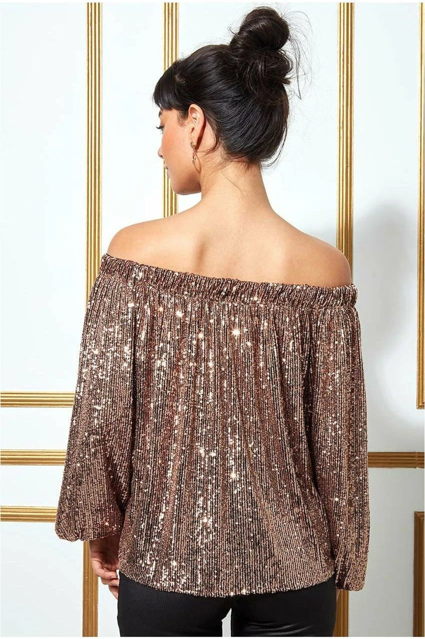 Goddiva Bardot Sequin Crop Top With Cuffed Sleeves-champagne 4 Goddiva Bardot Sequin Crop Top With Cuffed Sleeves-champagne - Image 2