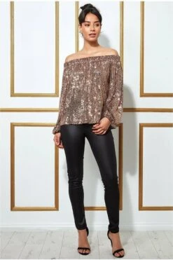 Goddiva Bardot Sequin Crop Top With Cuffed Sleeves-champagne 9 Goddiva Bardot Sequin Crop Top With Cuffed Sleeves-champagne -Liquorish || Yumi Shop T158 champagne co l