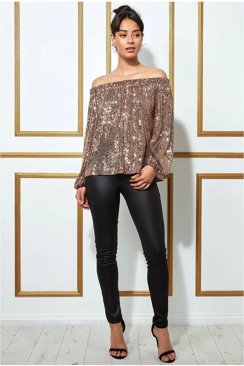 Goddiva Bardot Sequin Crop Top With Cuffed Sleeves-champagne 5 Goddiva Bardot Sequin Crop Top With Cuffed Sleeves-champagne - Image 3