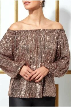 Goddiva Bardot Sequin Crop Top With Cuffed Sleeves-champagne 11 Goddiva Bardot Sequin Crop Top With Cuffed Sleeves-champagne -Liquorish || Yumi Shop T158 champagne dt l
