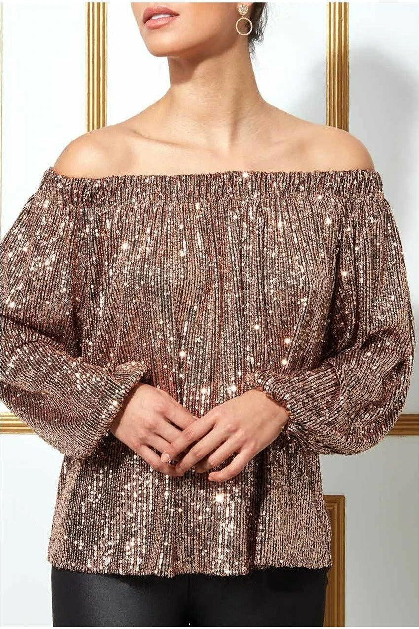 Goddiva Bardot Sequin Crop Top With Cuffed Sleeves-champagne 7 Goddiva Bardot Sequin Crop Top With Cuffed Sleeves-champagne - Image 5