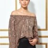 Goddiva Bardot Sequin Crop Top With Cuffed Sleeves-champagne -Liquorish || Yumi Shop T158 champagne front1 l