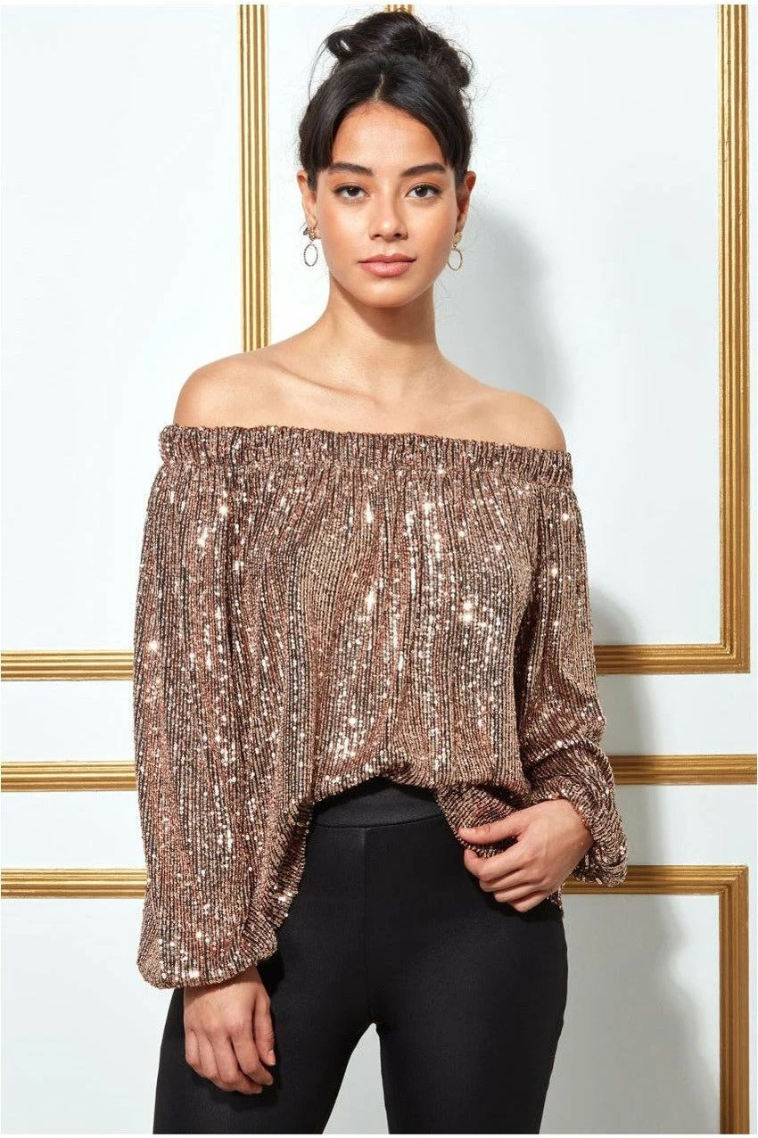 Goddiva Bardot Sequin Crop Top With Cuffed Sleeves-champagne 3 Goddiva Bardot Sequin Crop Top With Cuffed Sleeves-champagne
