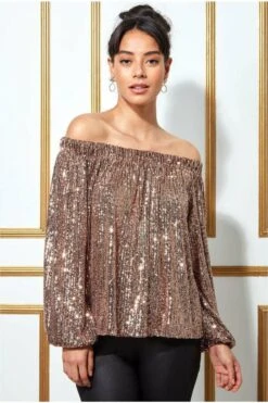 Goddiva Bardot Sequin Crop Top With Cuffed Sleeves-champagne 10 Goddiva Bardot Sequin Crop Top With Cuffed Sleeves-champagne -Liquorish || Yumi Shop T158 champagne front l