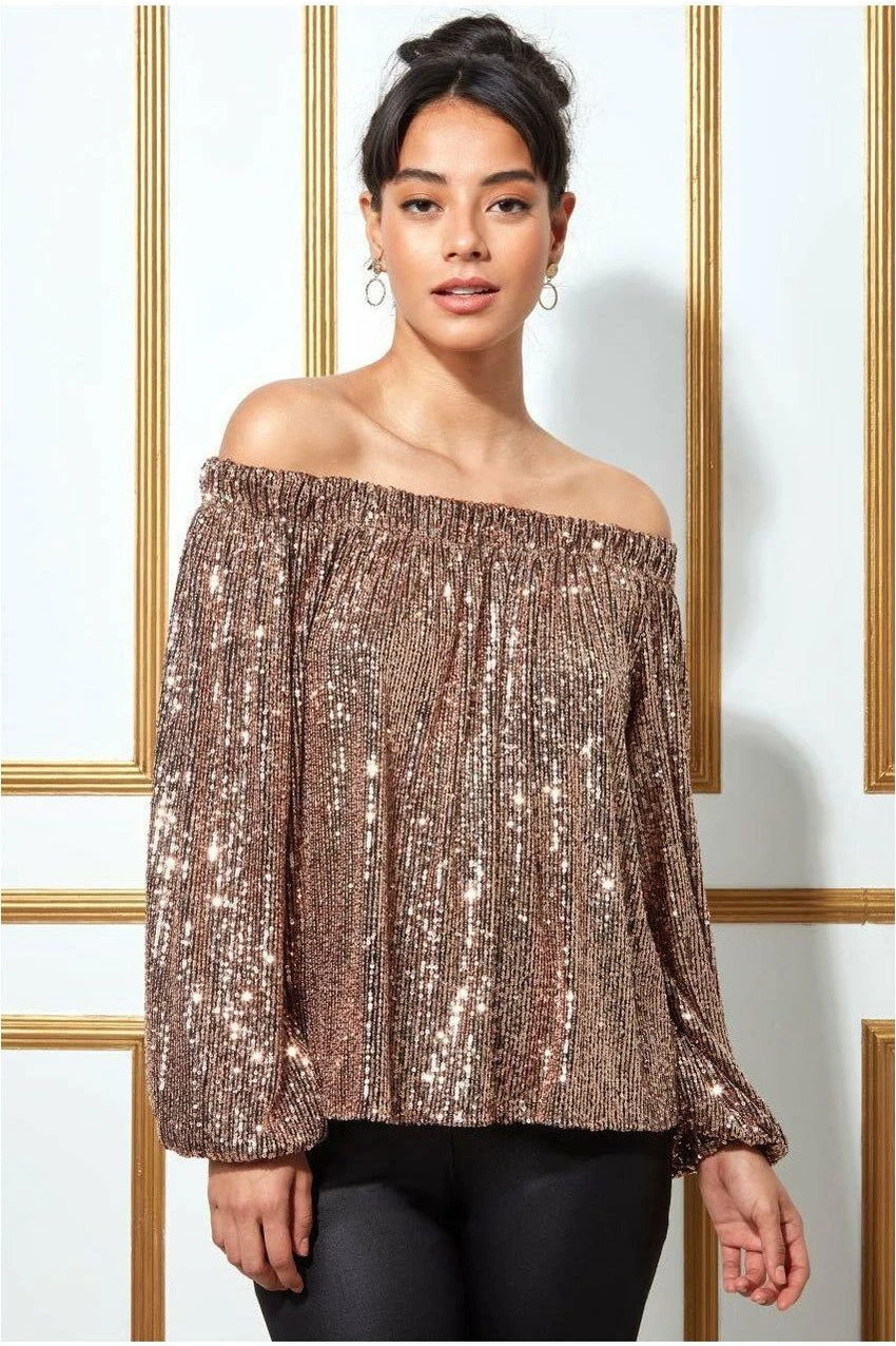 Goddiva Bardot Sequin Crop Top With Cuffed Sleeves-champagne 6 Goddiva Bardot Sequin Crop Top With Cuffed Sleeves-champagne - Image 4
