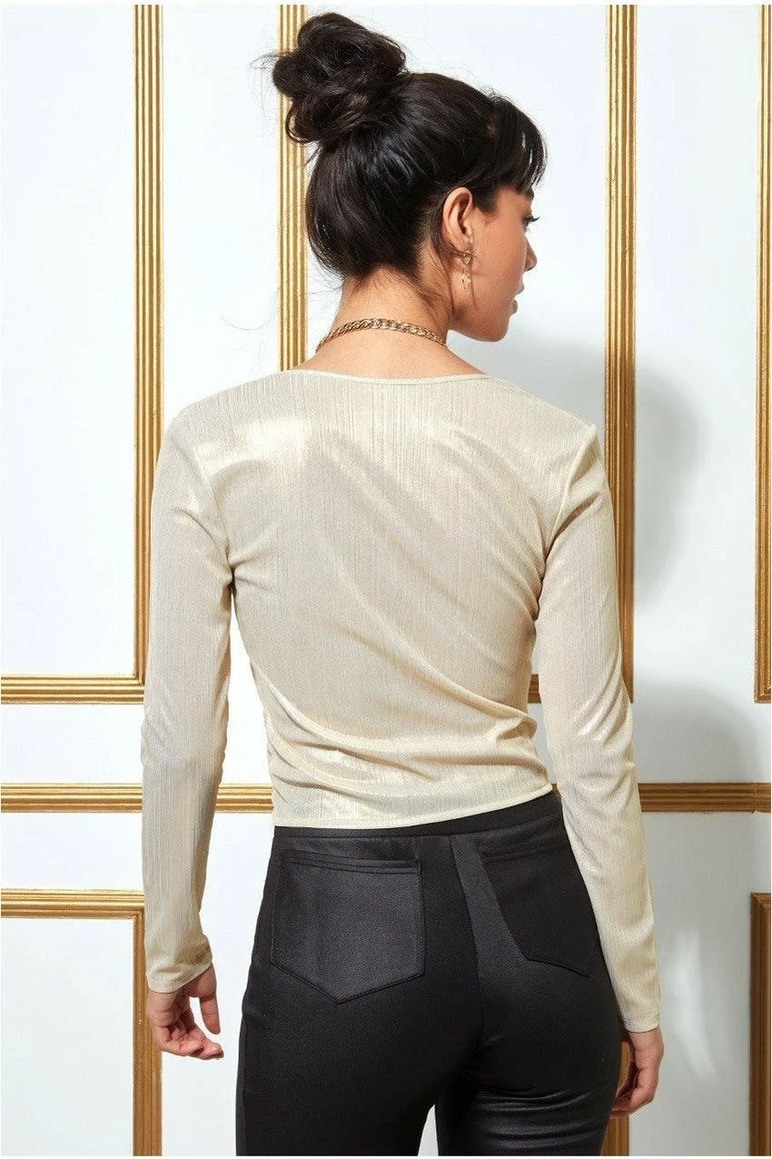 Goddiva Metallic String Long Sleeve Top - Creamgold 4 Goddiva Metallic String Long Sleeve Top - Creamgold - Image 2