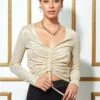 Goddiva Metallic String Long Sleeve Top - Creamgold