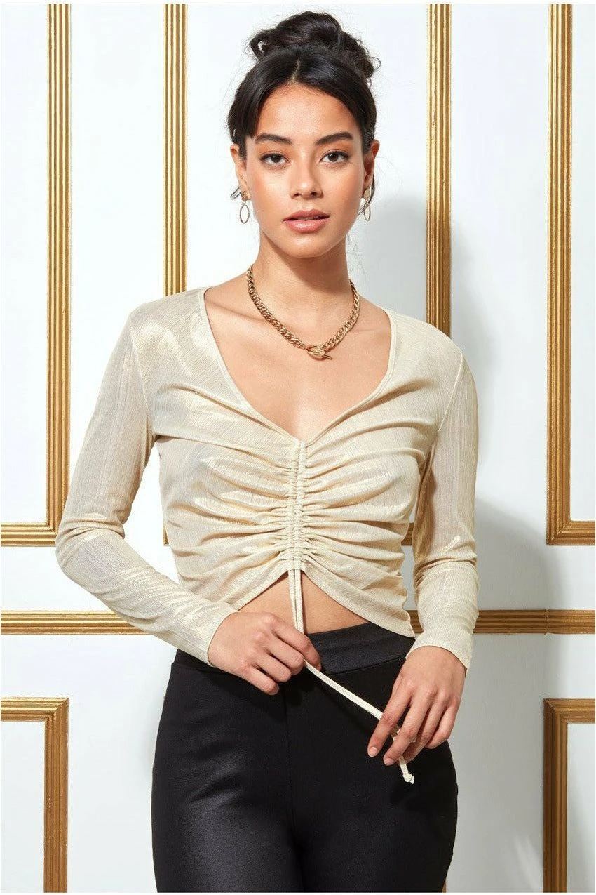 Goddiva Metallic String Long Sleeve Top - Creamgold 3 Goddiva Metallic String Long Sleeve Top - Creamgold