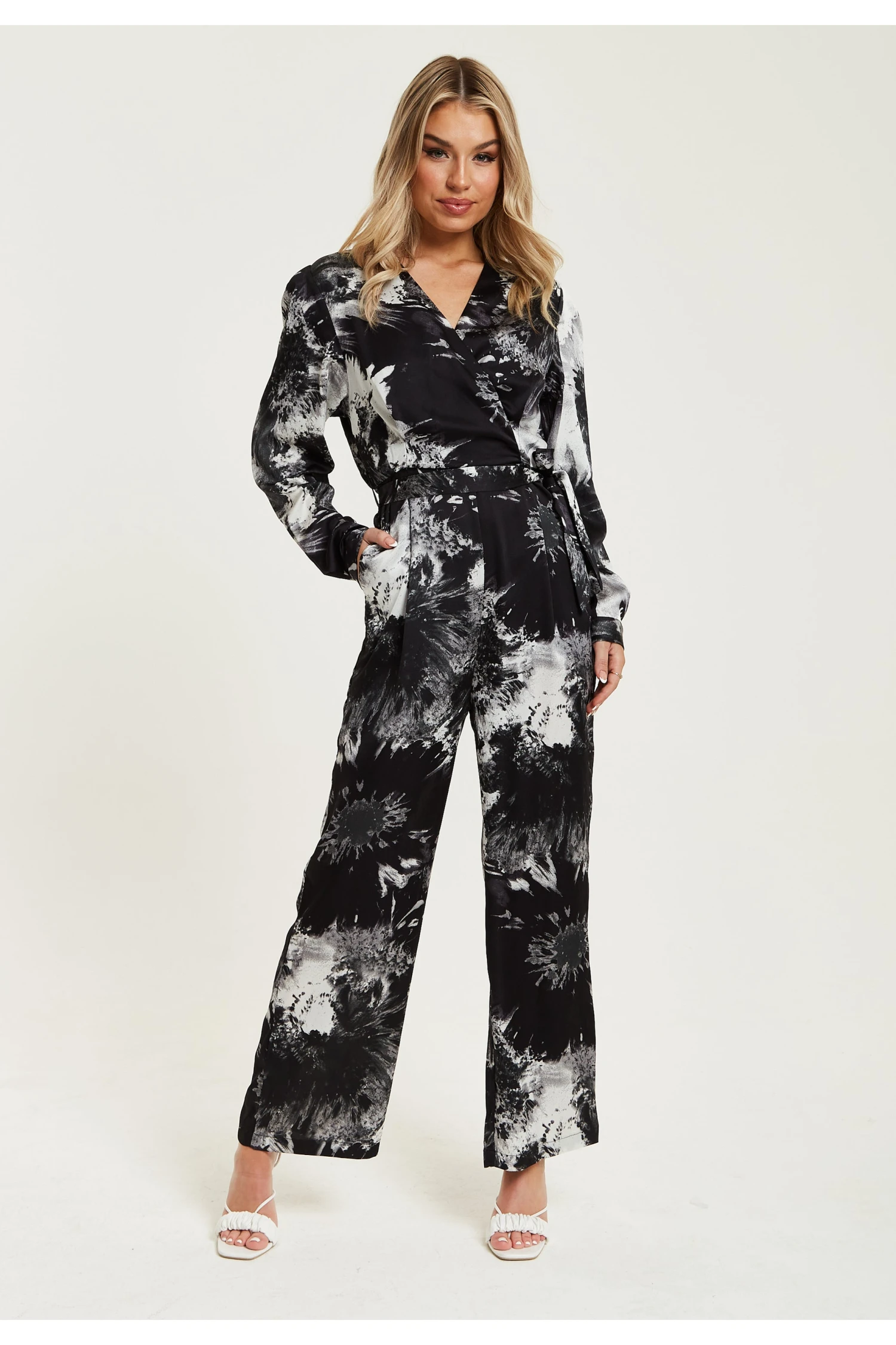 Liquorish Mono Abstract Print Jumpsuit With Long Sleeves 4 Liquorish Mono Abstract Print Jumpsuit With Long Sleeves - Image 2