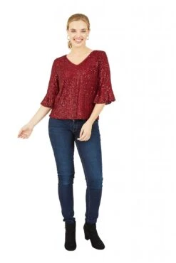 Yumi Red Sequin Top With Fluted Sleeve -Liquorish || Yumi Shop TMv809HR 14462