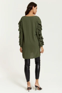 Hoxton Gal Oversized V Neck Ruffle Sleeves Tunic In Khaki -Liquorish || Yumi Shop UFeXKEdP 13243