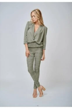 Yan Neo London The Hebe Khaki Ruched Suede-look Leggings