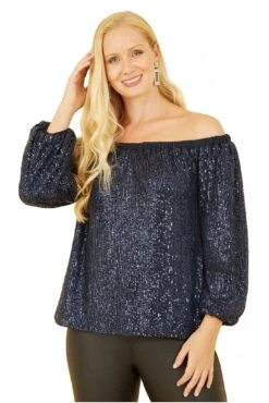 Yumi Navy All Over Sequin Bardot Long Sleeve Top -Liquorish || Yumi Shop W7TMKwZP 13322