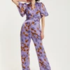 Liquorish Purple Floral Wide Leg Jumpsuit With Angel Sleeves