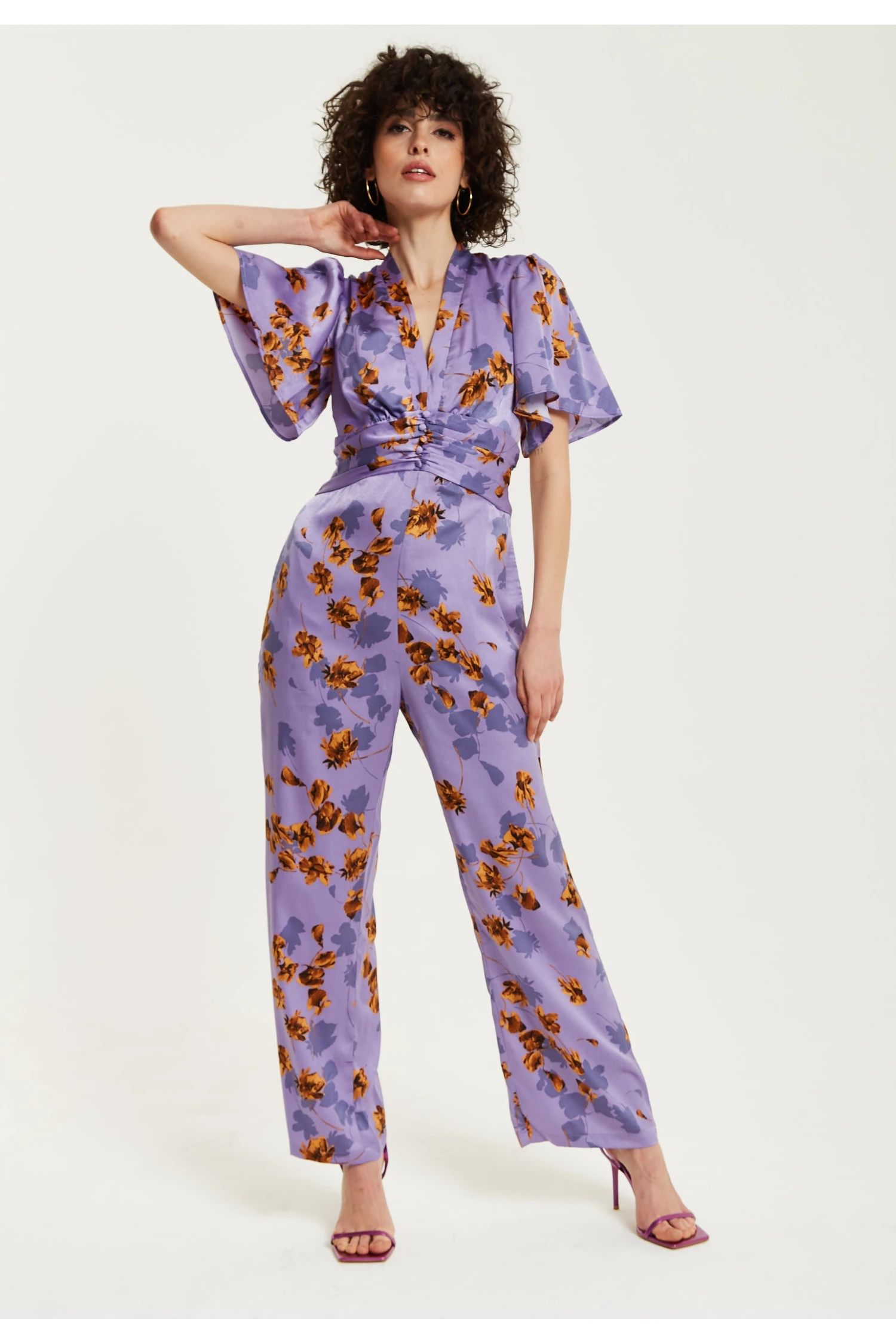 Liquorish Purple Floral Wide Leg Jumpsuit With Angel Sleeves 3 Liquorish Purple Floral Wide Leg Jumpsuit With Angel Sleeves