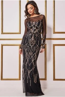 Goddiva Long Sleeve Sequin Flame Maxi Dress - Black