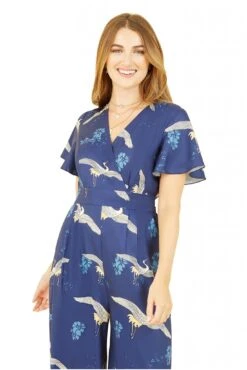 Yumi Navy Crane Print Angel Sleeve Jumpsuit -Liquorish || Yumi Shop WjOECO70 14784