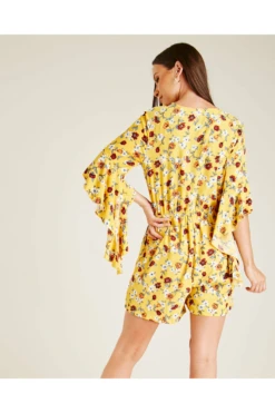 Dusty Pink Waterfall Sleeve Printed Mini Playsuit | Yellow -Liquorish || Yumi Shop aeYBEEtG 12212