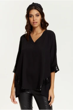 Hoxton Gal Oversize V Neck Sequin Detail Satin Top -Liquorish || Yumi Shop ak7MIEuX 13246