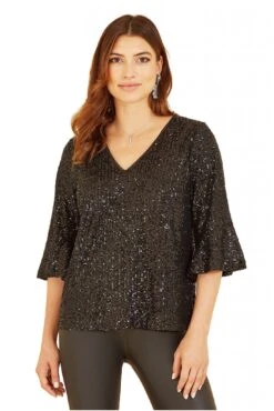 Yumi Black Sequin Top With Fluted Sleeve -Liquorish || Yumi Shop am2UvgJT 13349