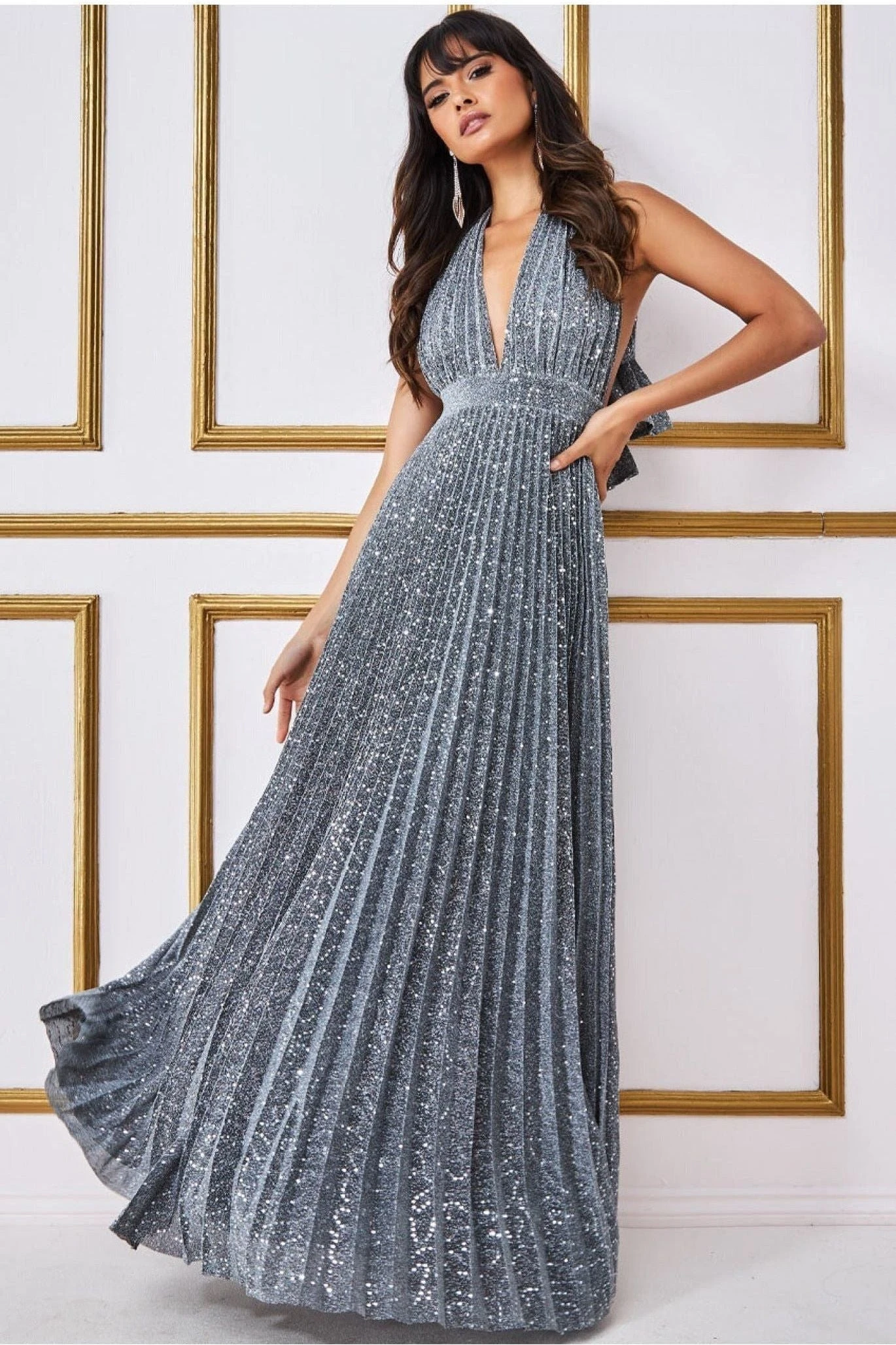 Goddiva Plunge Halterneck Sequin Lurex Maxi - Silver 3 Goddiva Plunge Halterneck Sequin Lurex Maxi - Silver