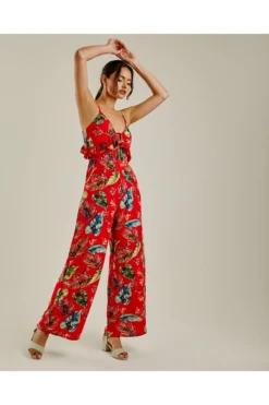 Dusty Pink Tropical Print Ruffled Jumpsuit | Red