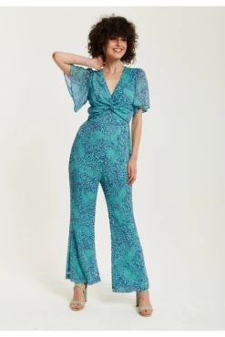 Liquorish Blue Animal Print Knot Front Jumpsuit