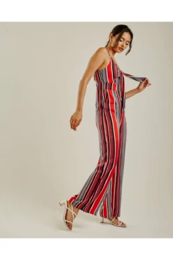 Dusty Pink Front Knot Vertical Striped Jumpsuit | Red -Liquorish || Yumi Shop cRhHdeOa 11537