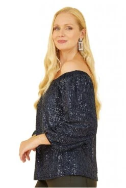 Yumi Navy All Over Sequin Bardot Long Sleeve Top -Liquorish || Yumi Shop clhLIl8K 13322