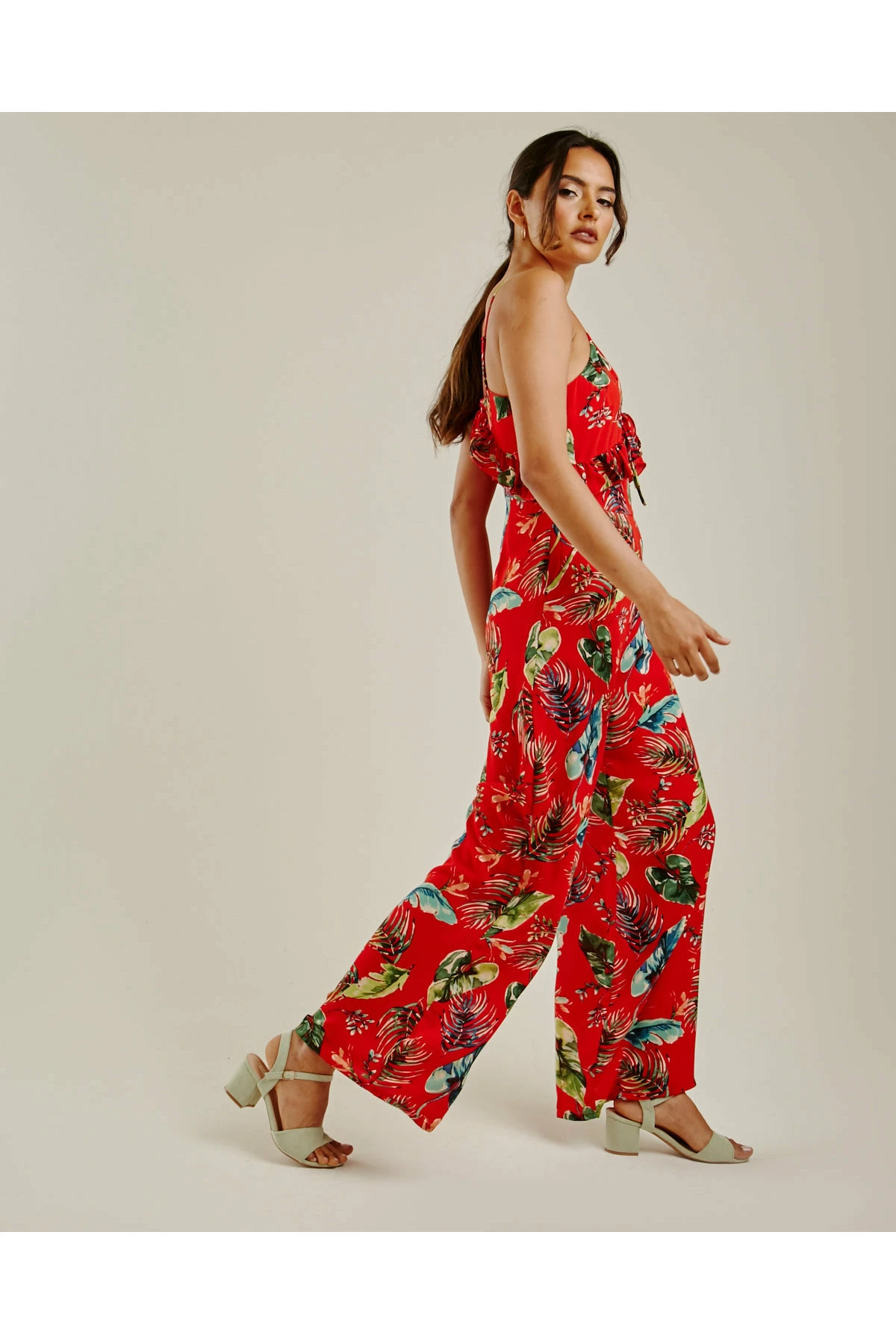 Dusty Pink Tropical Print Ruffled Jumpsuit | Red 4 Dusty Pink Tropical Print Ruffled Jumpsuit | Red - Image 2