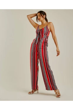 Dusty Pink Front Knot Vertical Striped Jumpsuit | Red