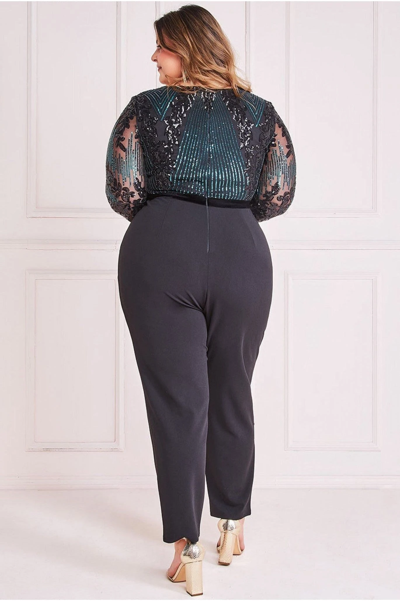 Goddiva Plus Sequin & Mesh Jumpsuit - Emerald Green 4 Goddiva Plus Sequin & Mesh Jumpsuit - Emerald Green - Image 2
