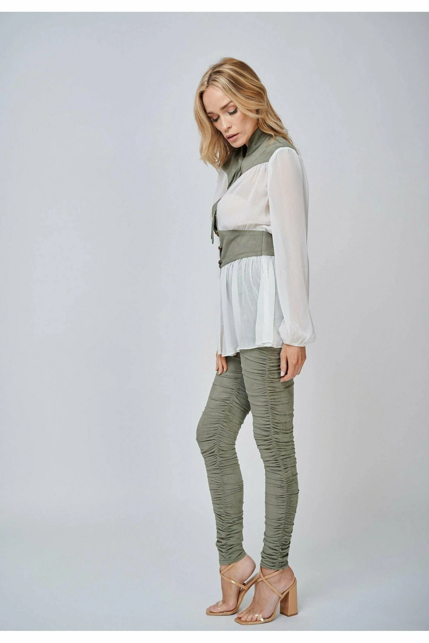 Yan Neo London The Kore Khaki Chiffon Suede Tie-neck Blouse 6 Yan Neo London The Kore Khaki Chiffon Suede Tie-neck Blouse - Image 4