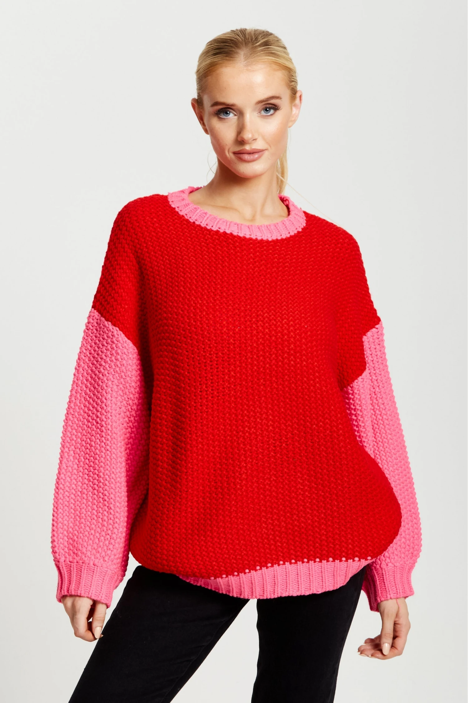 Liquorish Contrast Sleeve Jumper In Pink And Red 3 Liquorish Contrast Sleeve Jumper In Pink And Red