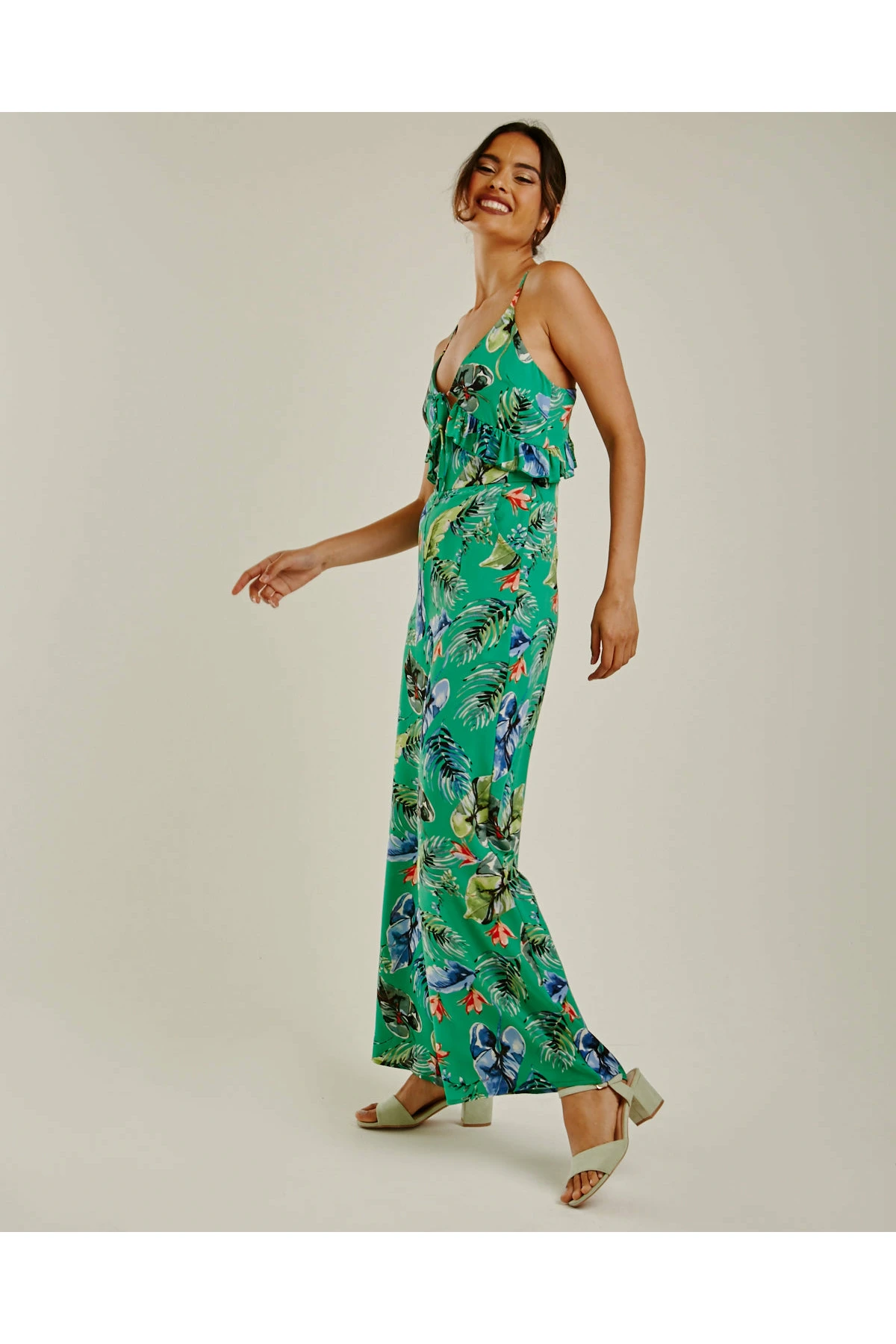 Dusty Pink Tropical Print Ruffled Jumpsuit | Green 3 Dusty Pink Tropical Print Ruffled Jumpsuit | Green - Image 2