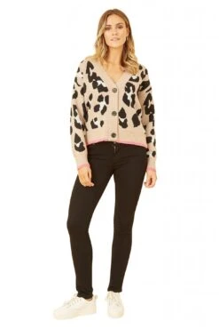 Yumi Beige Oversize Animal Print Intarsia Knitted Cardigan