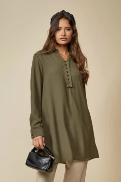 Hoxton Gal Tunic Shirt With Button Details In Khaki