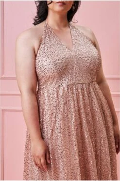 Goddiva Plus Sequin & Mesh Halter Neck Maxi - Champagne -Liquorish || Yumi Shop fQTahrzh 5039