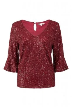 Yumi Red Sequin Top With Fluted Sleeve -Liquorish || Yumi Shop g1Wvqc1S 14462
