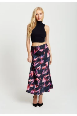 Liquorish Abstract Ikat Print Midi Skirt In Black And Pink