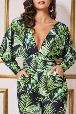 Goddiva Tropical Print Jumpsuit - Green -Liquorish || Yumi Shop h1ZHp2a5 15434