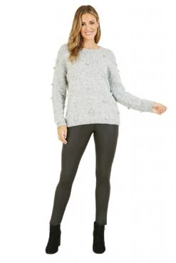 Yumi Grey Pom Pom Relaxed Knitted Jumper